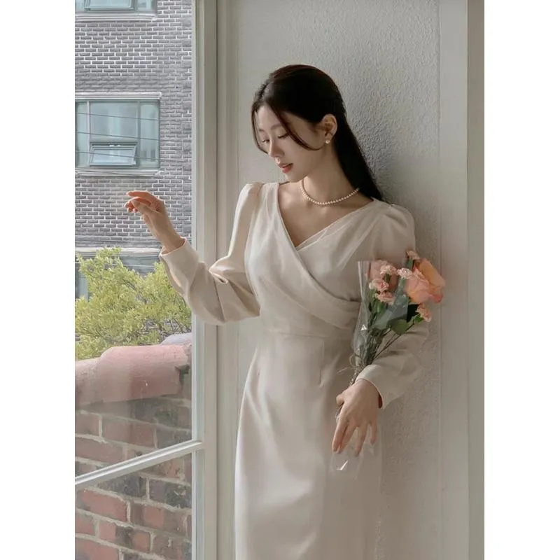 🇰🇷Chloe C. 韓國東大門服飾🇰🇷 正韓交叉V領薄紗後綁帶洋裝.婚禮禮服.約會宴會