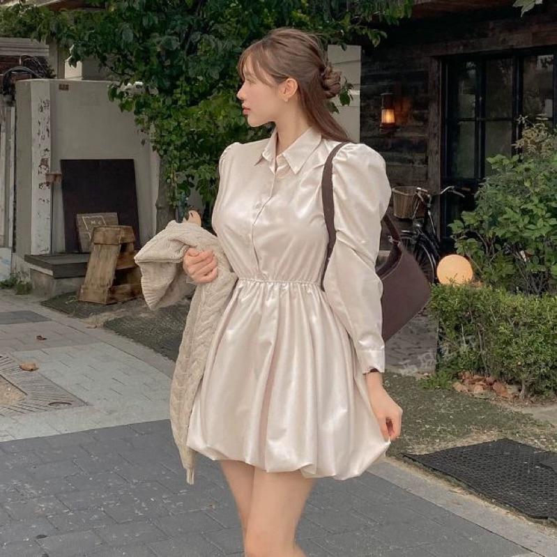 🇰🇷Chloe C. 韓國東大門服飾🇰🇷 on-ni 正韓立領公主袖束腰珠光泡泡短裙