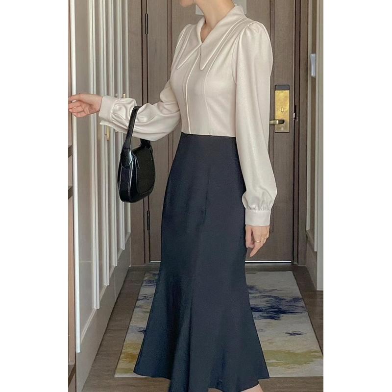 🇰🇷Chloe C. 韓國東大門服飾🇰🇷 eeyou 正韓拼接長袖領巾連身魚尾長裙