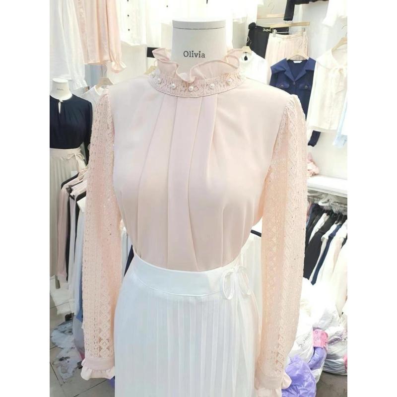 🇰🇷Chloe C. 韓國東大門服飾🇰🇷  Olivia 正韓拼接透網袖荷葉珍珠領口