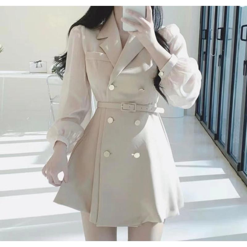 🇰🇷Chloe C. 韓國東大門服飾🇰🇷 eeyou ［熱銷款🏆］正韓拼接雪紡西裝風腰帶短連身裙.宴會禮服.時尚簡約