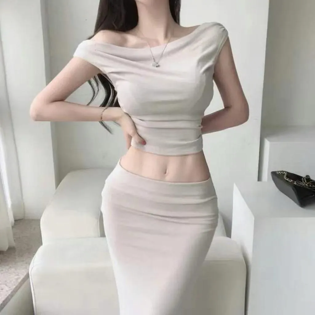 🇰🇷Chloe C. 韓國東大門服飾🇰🇷 heeshop 正韓抓皺一字領短袖上衣彈性貼身款長裙套裝.性感辣妹.孕婦可穿