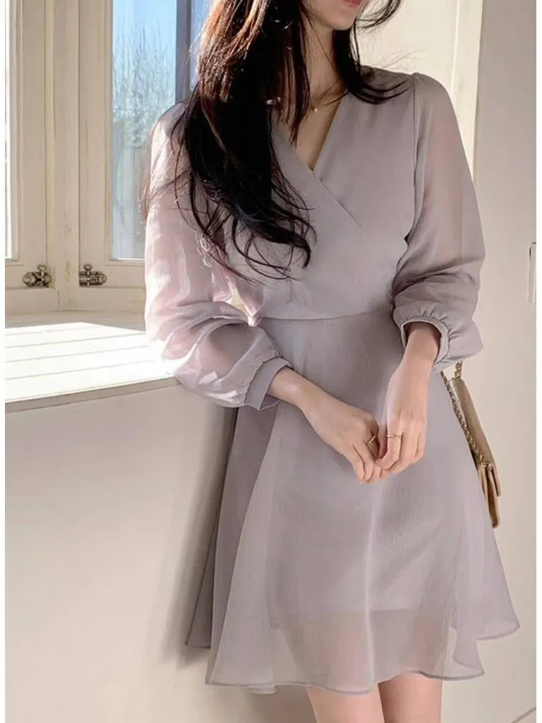 🇰🇷Chloe C. 韓國東大門服飾🇰🇷 nature b. 正韓雪紡交叉V領薄紗長袖後綁帶短洋裝