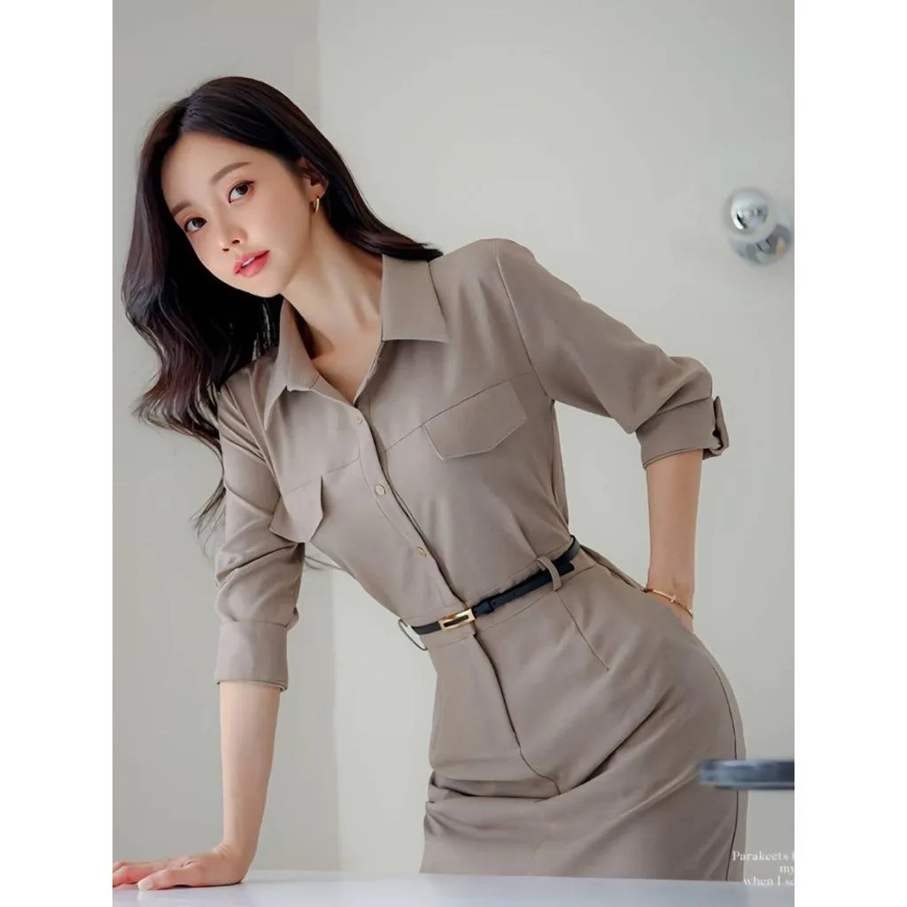 🇰🇷Chloe C. 韓國東大門服飾🇰🇷  eeyou 正韓立領束腰七分袖開叉連身窄裙