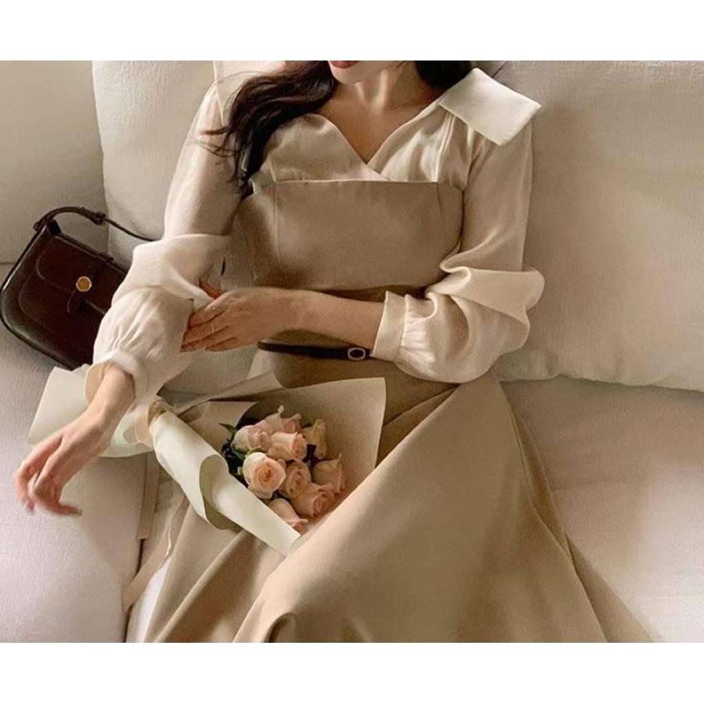 🇰🇷Chloe C. 韓國東大門服飾🇰🇷  eeyou 正韓拼接V領薄紗長袖長洋裝
