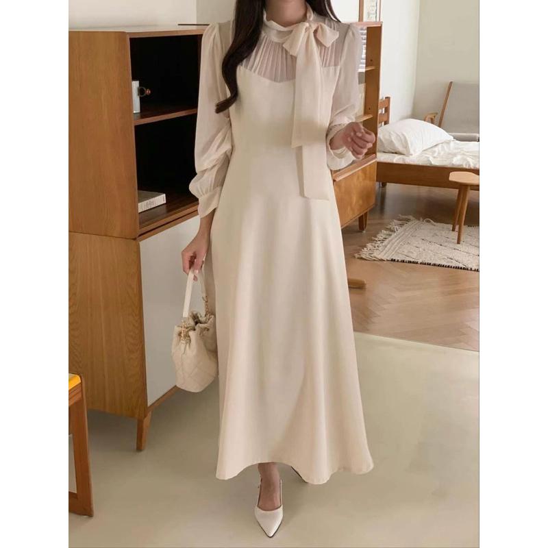 🇰🇷Chloe C. 韓國東大門服飾代購🇰🇷 eeyou 正韓拼接雪紡綁帶領巾洋裝