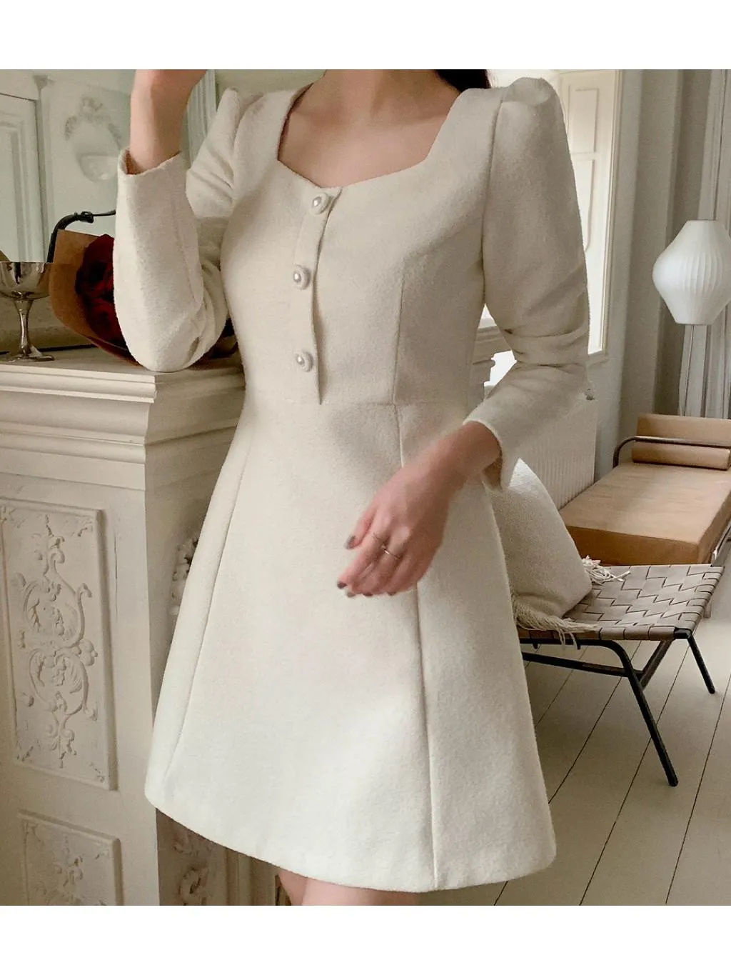 🇰🇷Chloe C. 韓國東大門服飾🇰🇷  eeyou 正韓方領粗花呢束腰公主袖洋裝