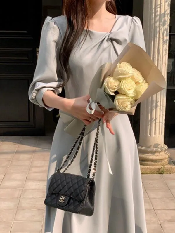 🇰🇷Chloe C. 韓國東大門服飾🇰🇷  eeyou 正韓抓皺領後綁帶七分袖洋裝.約會洋裝.參加婚禮.宴會