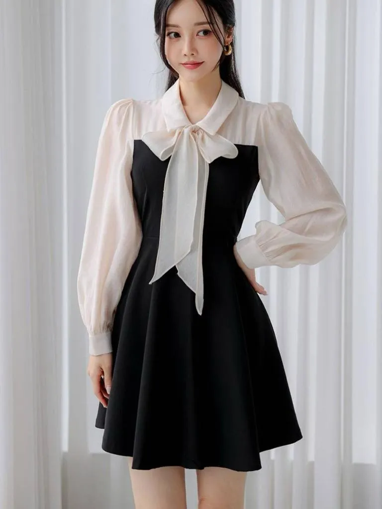 🇰🇷Chloe C. 韓國東大門服飾🇰🇷  eeyou 正韓拼接襯衫式立領綁帶領巾洋裝