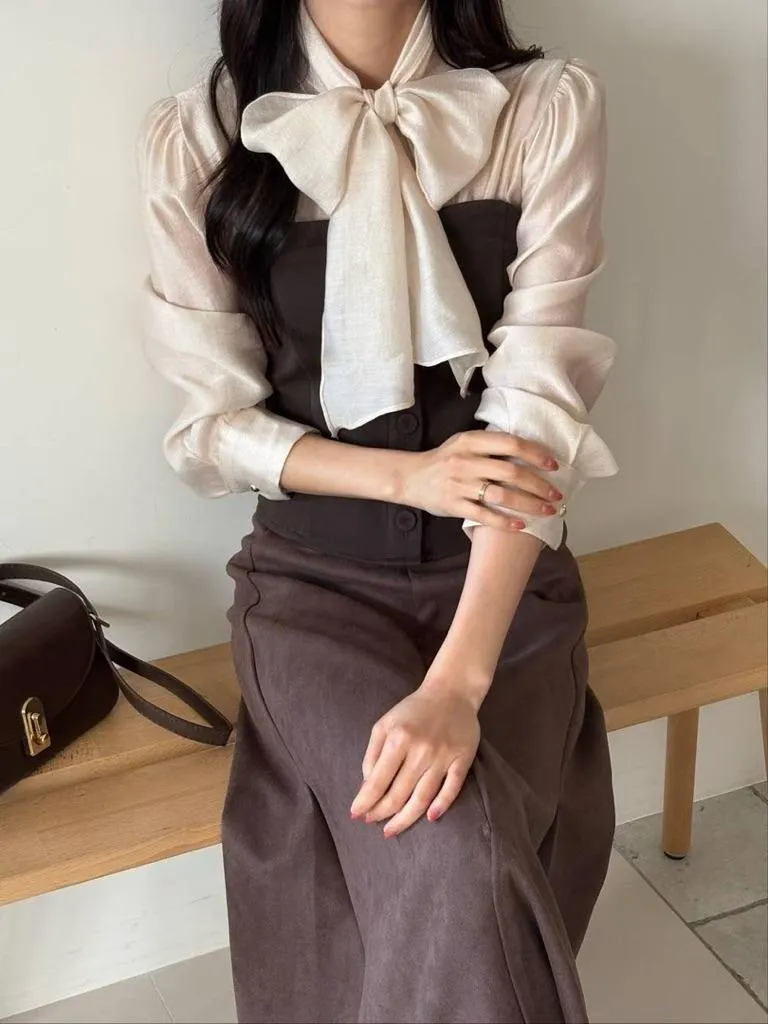 🇰🇷Chloe C. 韓國東大門服飾🇰🇷  正韓麂皮拼接胸衣透紗繞頸綁帶上衣長裙套裝