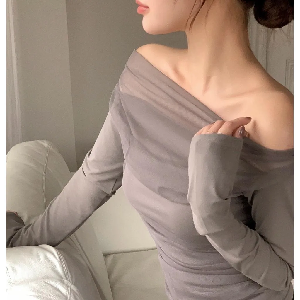🇰🇷Chloe C. 韓國東大門服飾🇰🇷  正韓歐根紗一字領長袖上衣