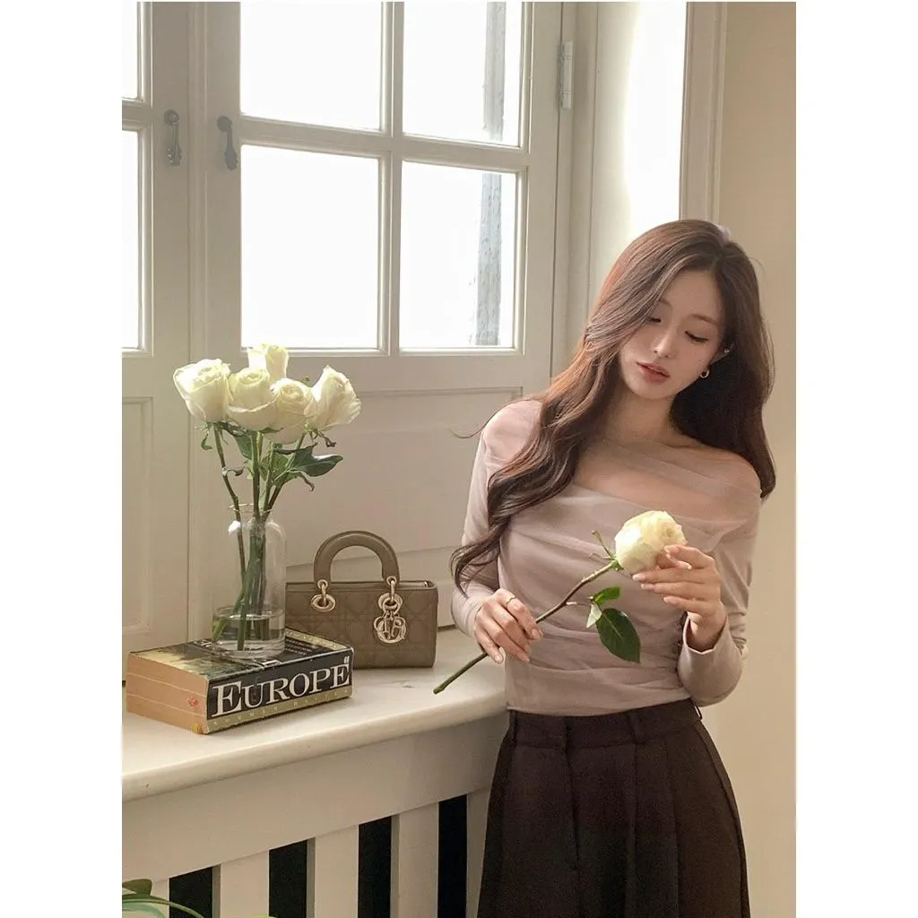 🇰🇷Chloe C. 韓國東大門服飾🇰🇷  正韓歐根紗一字領長袖上衣