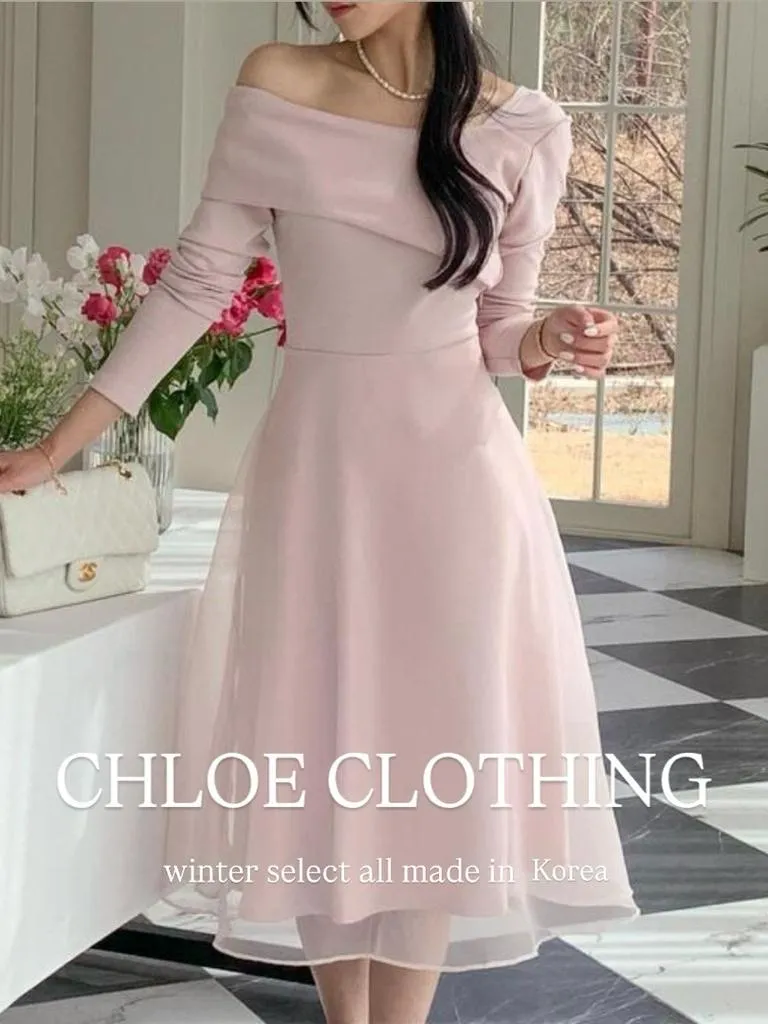 🇰🇷Chloe C. 韓國東大門服飾🇰🇷  正韓單肩一字領反折領口薄紗洋裝.登記結婚.婚禮.典禮宴會