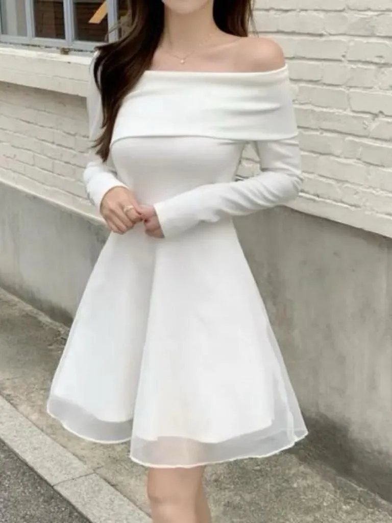 🇰🇷Chloe C. 韓國東大門服飾🇰🇷  正韓單肩一字領反折領口薄紗洋裝.登記結婚.婚禮.典禮宴會
