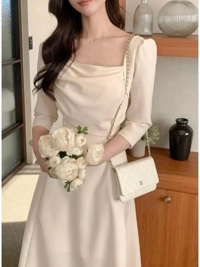 🇰🇷Chloe C. 韓國東大門服飾🇰🇷  正韓斜領公主袖假兩件式長袖長洋裝