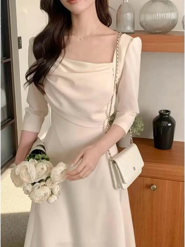 🇰🇷Chloe C. 韓國東大門服飾🇰🇷  正韓斜領公主袖假兩件式長袖長洋裝