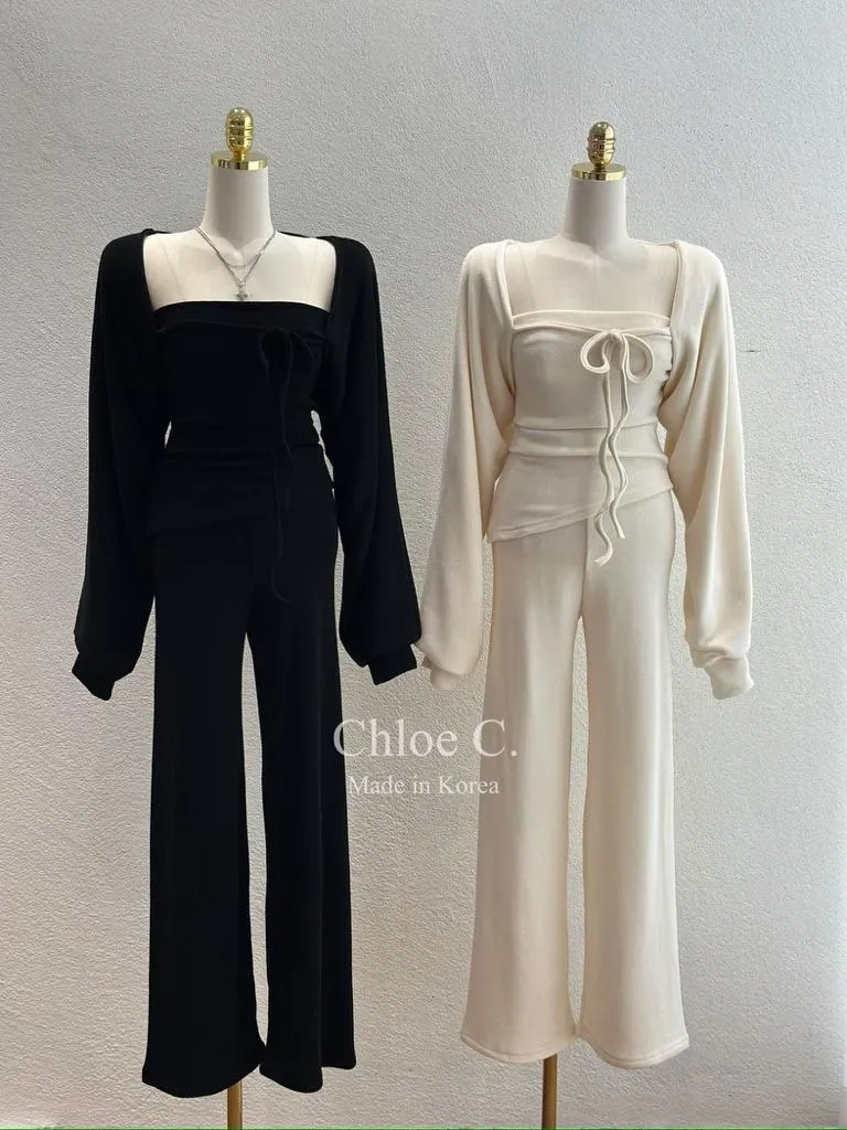 🇰🇷Chloe C. 韓國東大門服飾🇰🇷  正韓休閒平口衣綁帶短外套寬版長褲套裝