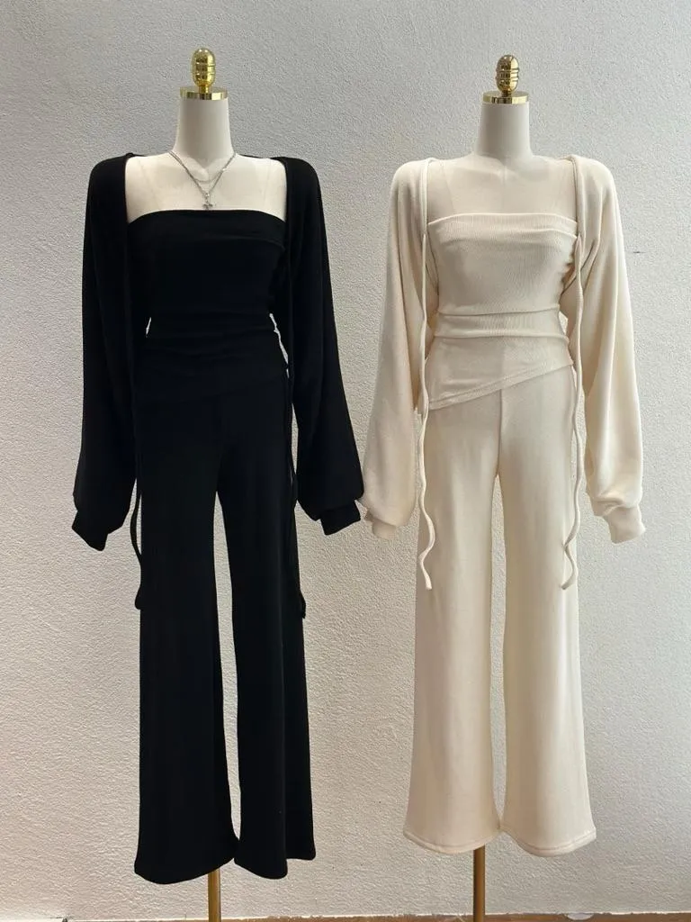 🇰🇷Chloe C. 韓國東大門服飾🇰🇷  正韓休閒平口衣綁帶短外套寬版長褲套裝