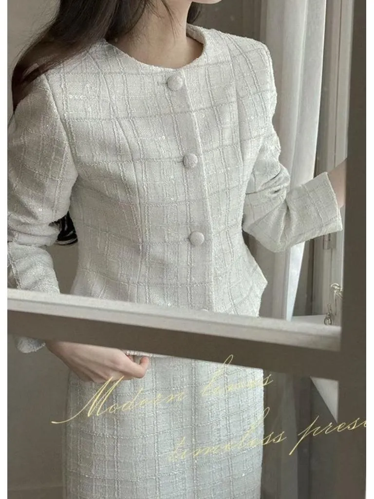 🇰🇷Chloe C. 韓國東大門服飾🇰🇷 正韓珍珠閃亮格紋外套長裙套裝