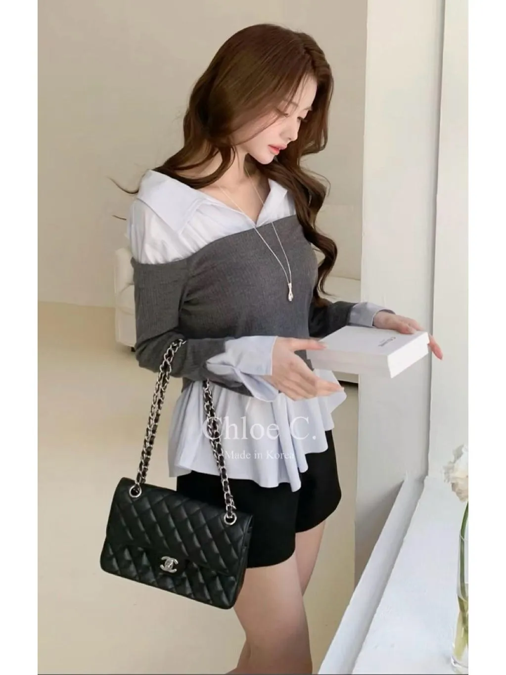 🇰🇷Chloe C. 韓國東大門服飾🇰🇷 正韓拼接一字領長袖襯衣