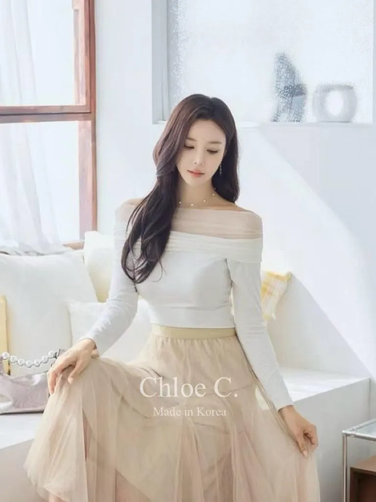 🇰🇷Chloe C. 韓國東大門服飾🇰🇷 正韓薄紗一字領長袖上衣🌸