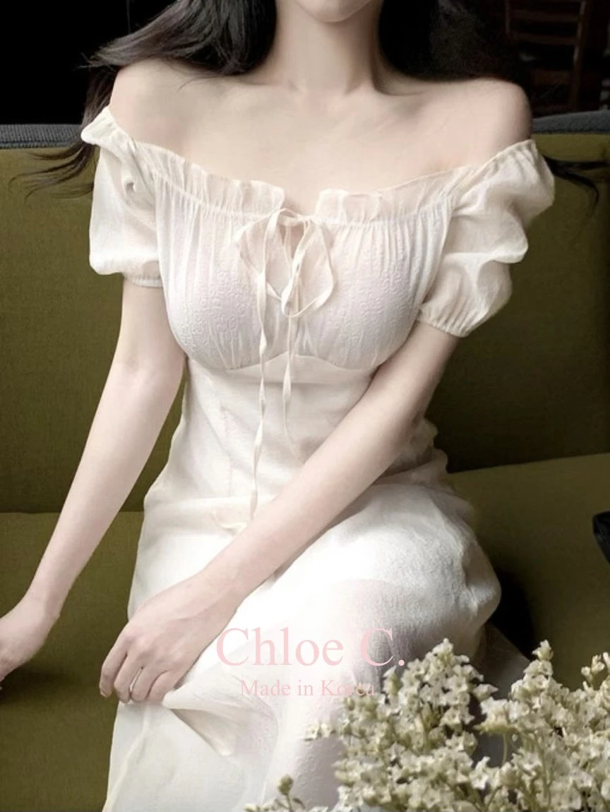 🇰🇷Chloe C. 韓國東大門服飾🇰🇷  eeyou ［夏季熱銷🏆］正韓木耳邊領綁帶透紗洋裝.婚禮.登記結婚.日常穿搭