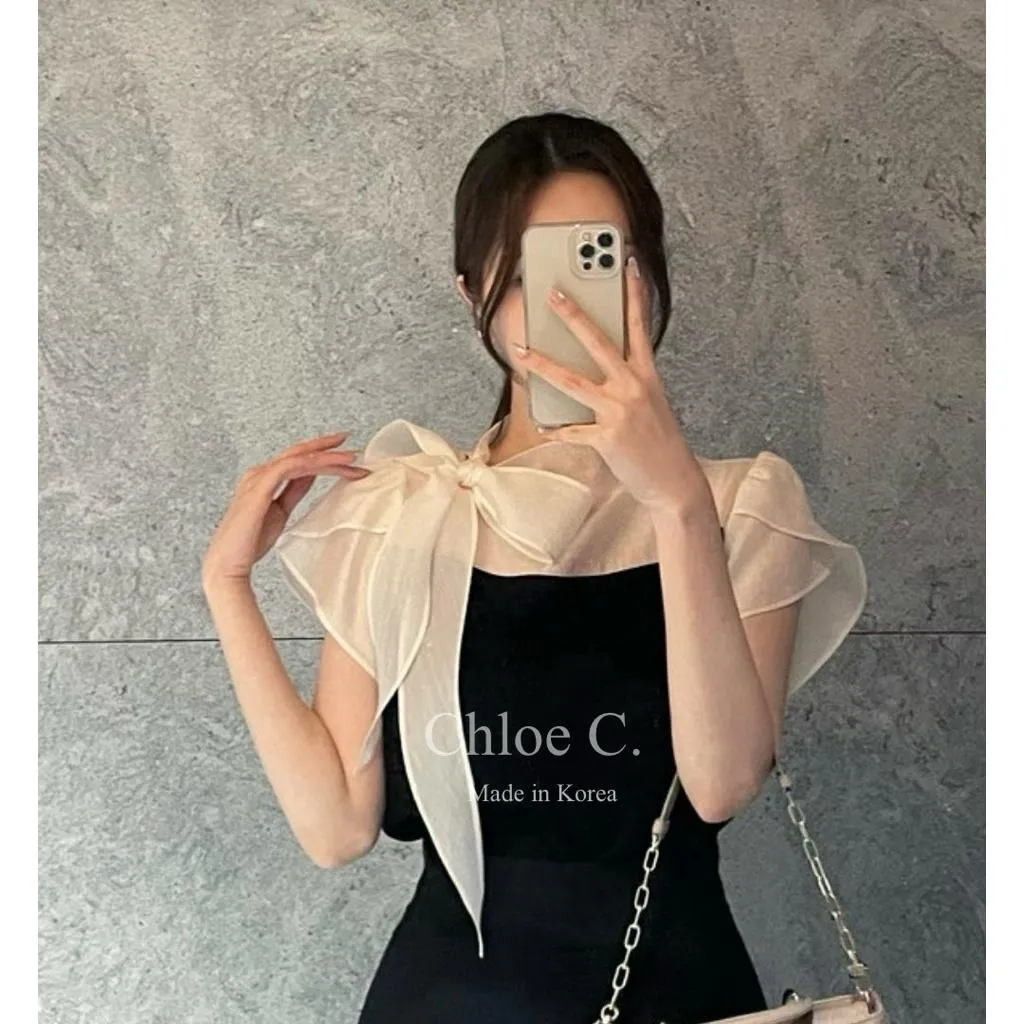🇰🇷Chloe C. 韓國東大門服飾🇰🇷 正韓花瓣袖拼接透紗領巾綁帶上衣