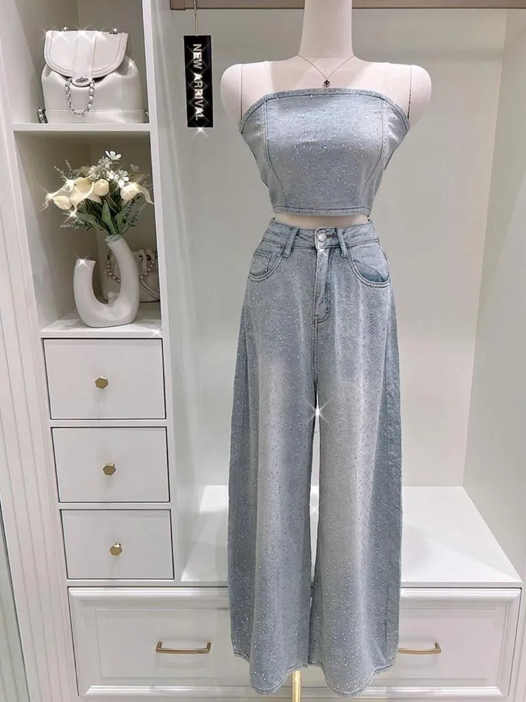 🇰🇷Chloe C. 韓國東大門服飾🇰🇷 正韓牛仔抹胸背心寬長褲套裝