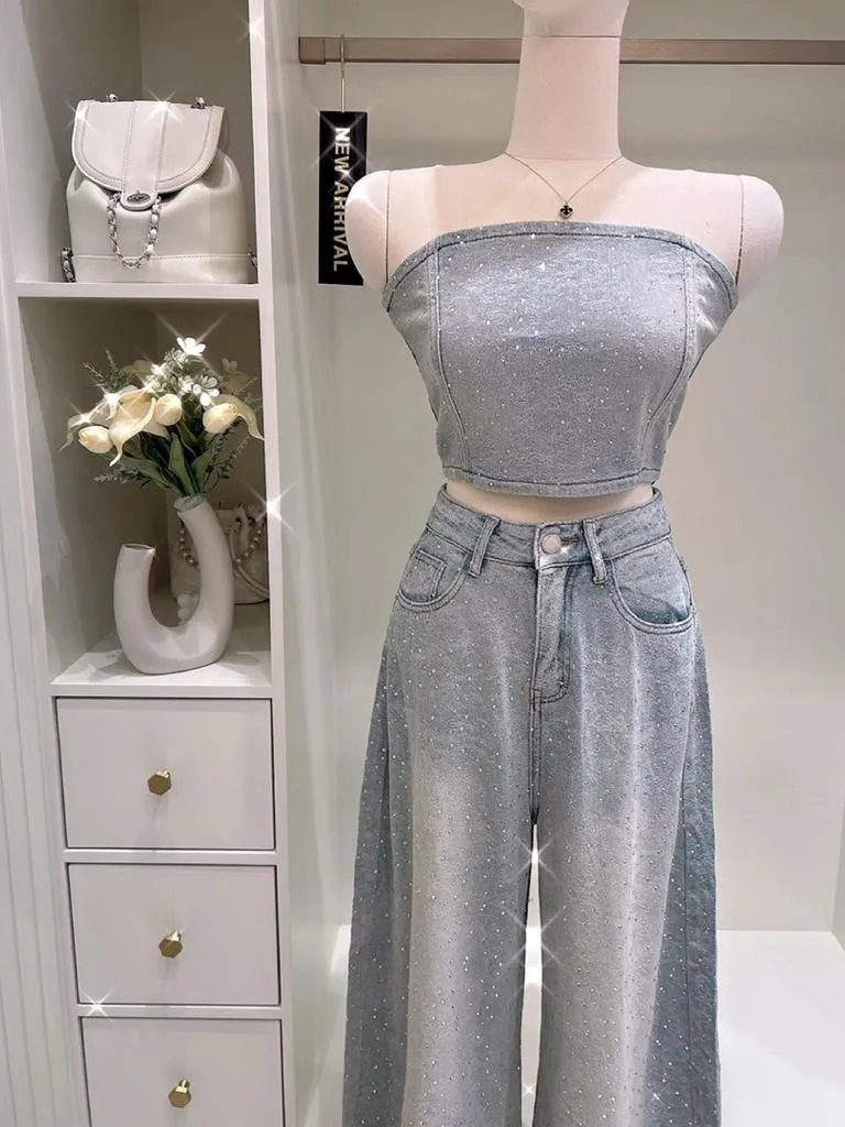 🇰🇷Chloe C. 韓國東大門服飾🇰🇷 正韓牛仔抹胸背心寬長褲套裝