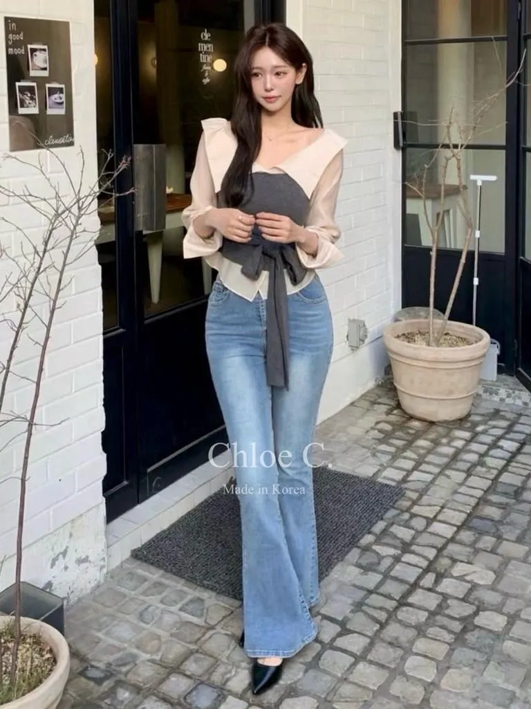 🇰🇷Chloe C. 韓國東大門服飾🇰🇷 正韓立領拼接抹胸腰綁帶長袖襯衣