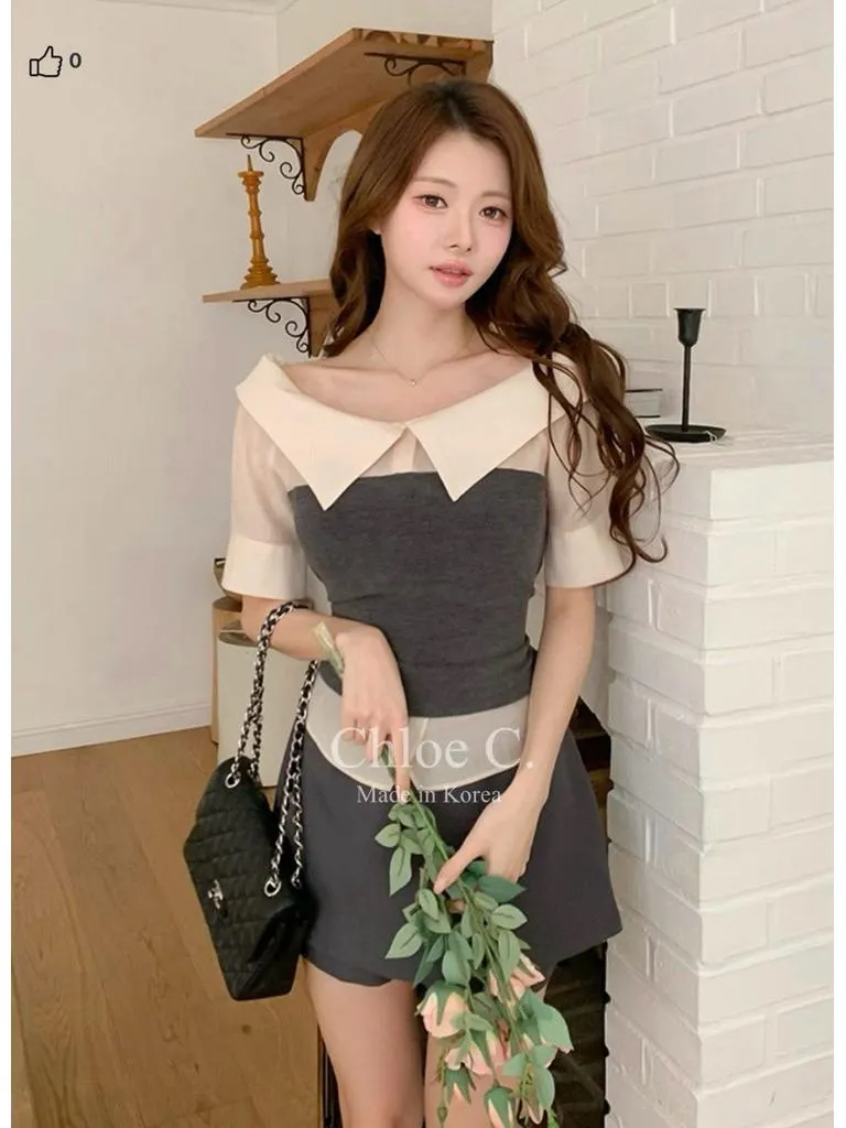 🇰🇷Chloe C. 韓國東大門服飾🇰🇷 正韓立領拼接抹胸腰綁帶短袖襯衣