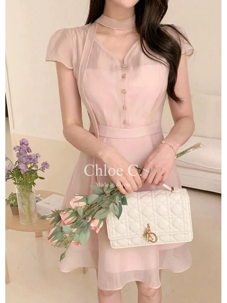 🇰🇷Chloe C. 韓國東大門服飾🇰🇷 正韓輕盈仙女流線V領扣綁帶洋裝