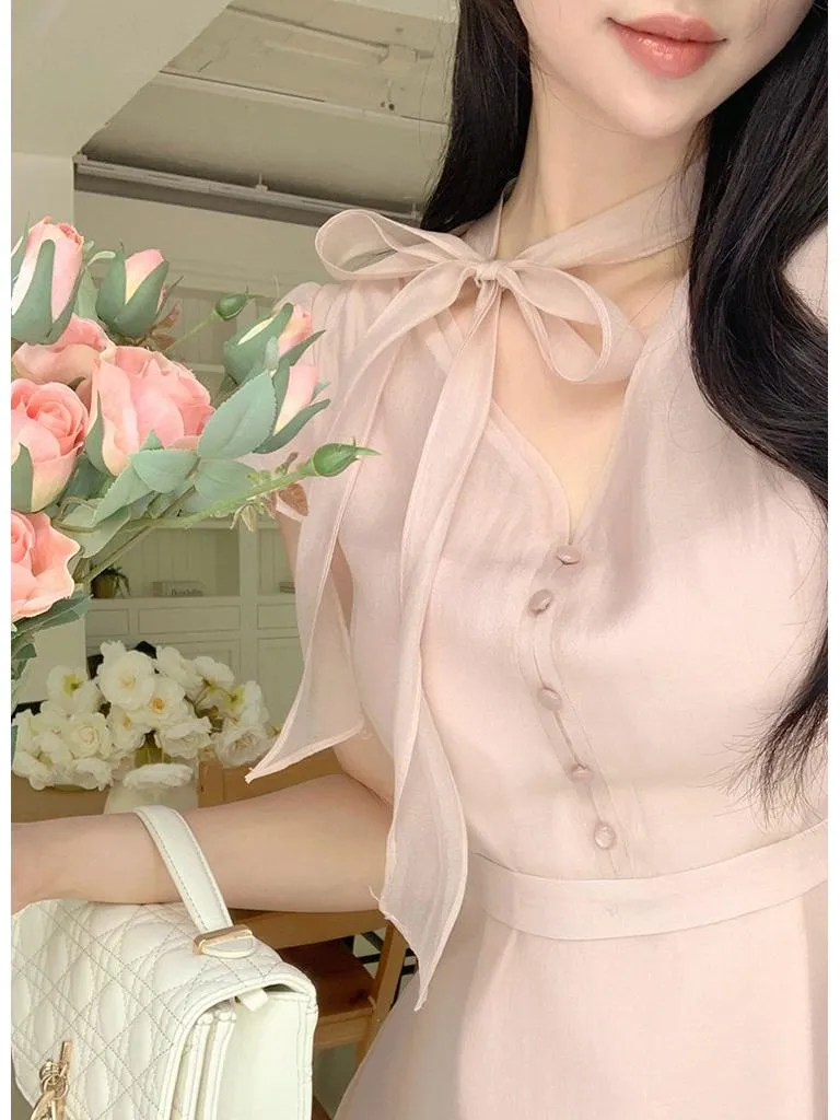 🇰🇷Chloe C. 韓國東大門服飾🇰🇷 正韓輕盈仙女流線V領扣綁帶洋裝
