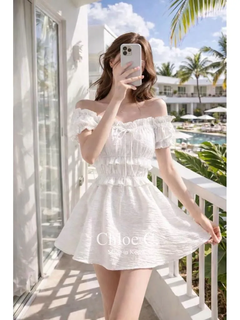 🇰🇷Chloe C. 韓國東大門服飾🇰🇷 正韓花朵層次一字領綁帶短洋裝