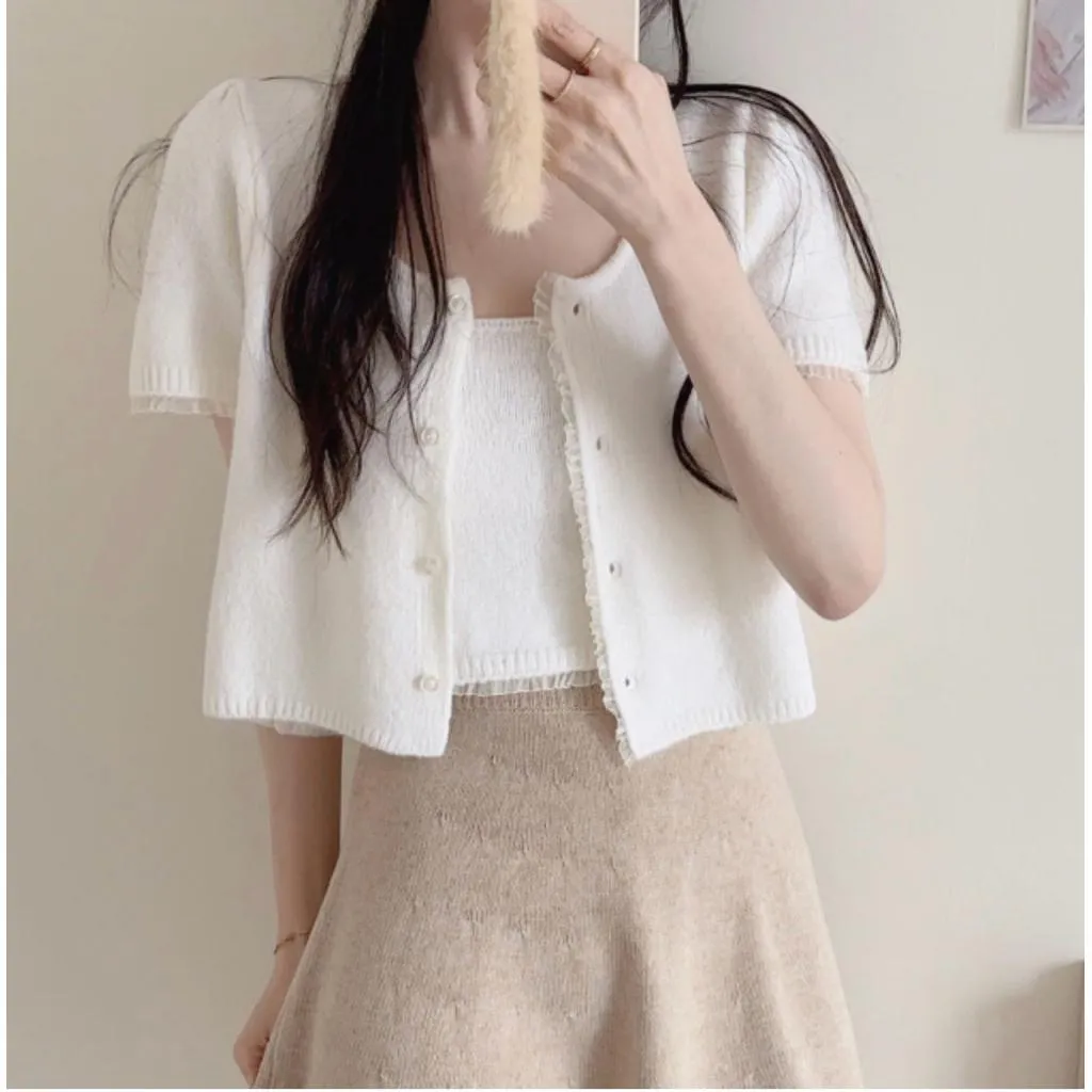🇰🇷Chloe C. 韓國東大門服飾🇰🇷 正韓碎花紗邊毛背心短袖外套套裝