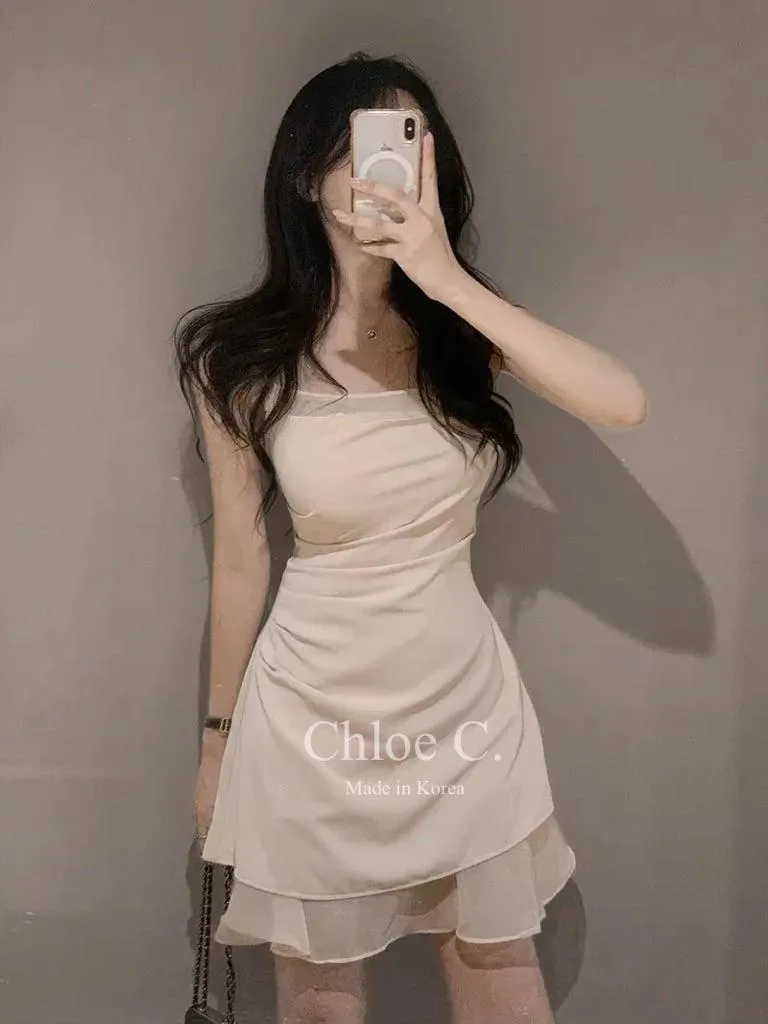 🇰🇷Chloe C. 韓國東大門服飾🇰🇷 正韓薄紗兩層式收腰摺皺細肩連身短裙.婚禮.週年紀念.約會