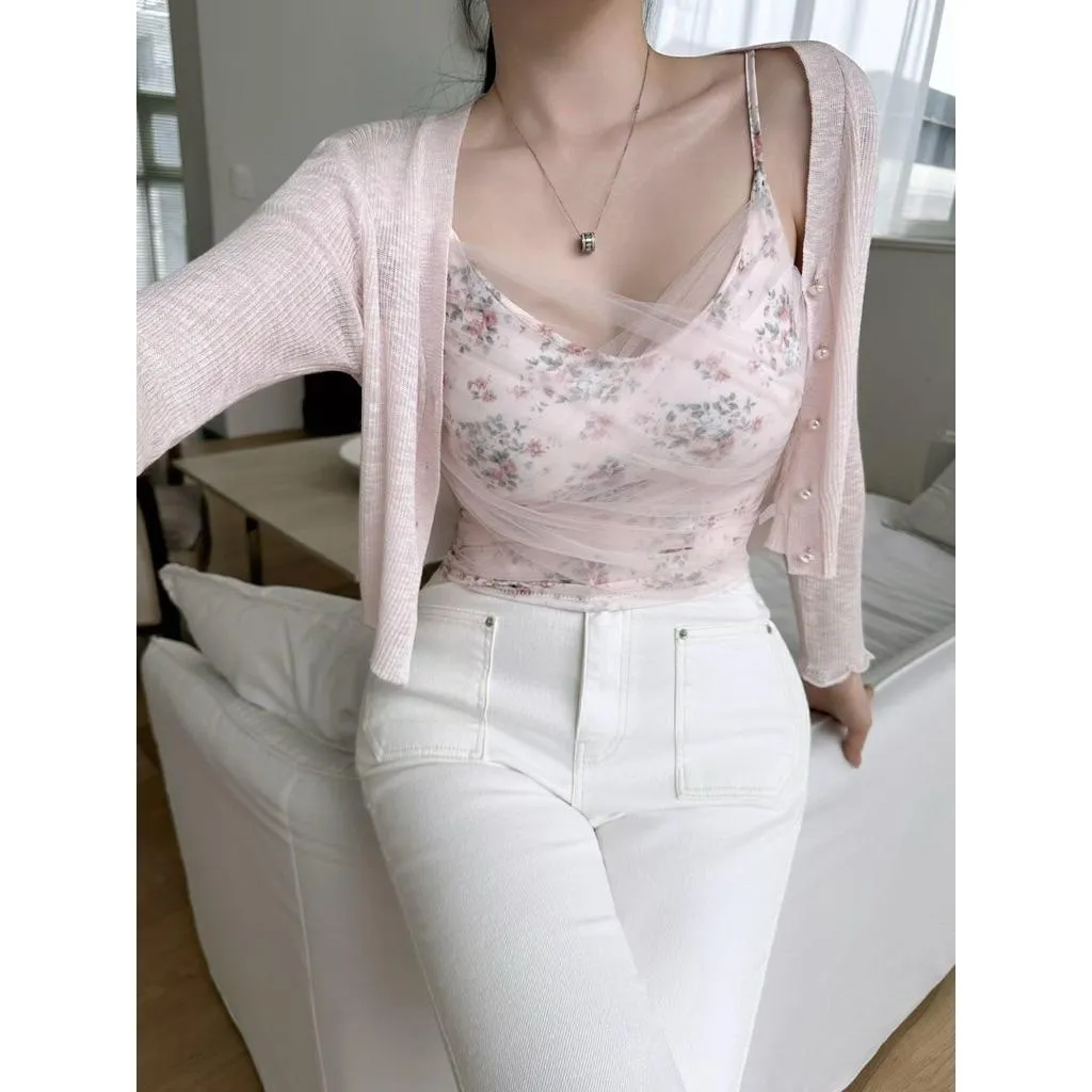 🇰🇷Chloe C. 韓國東大門服飾🇰🇷 正韓花語薄紗細肩背心外套套裝