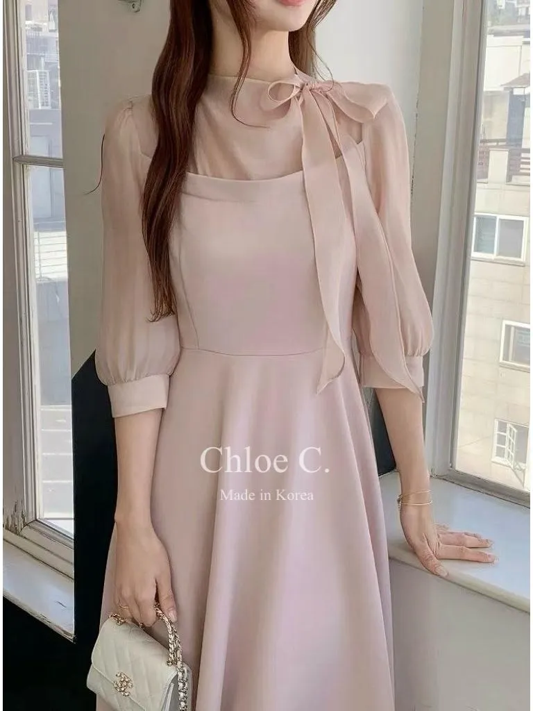 🇰🇷Chloe C. 韓國東大門服飾🇰🇷 正韓透紗領巾綁帶七分袖長洋裝