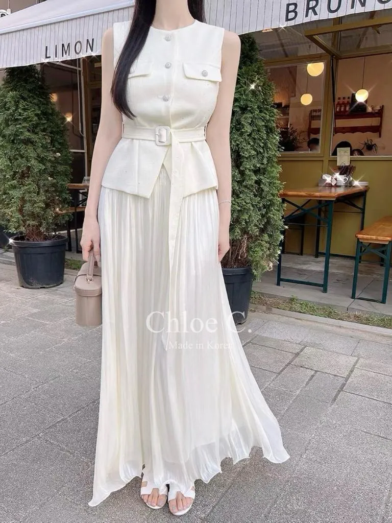 🇰🇷Chloe C. 韓國東大門服飾🇰🇷 正韓小香風排扣腰帶無袖珠光長裙套裝