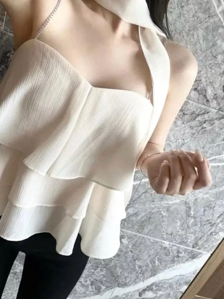 🇰🇷Chloe C. 韓國東大門服飾🇰🇷 正韓公主紗鏈條肩帶繞頸領巾背心