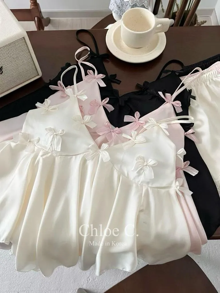 🇰🇷Chloe C. 韓國東大門服飾🇰🇷 正韓冰絲蝴蝶結深V性感兩件式內睡衣