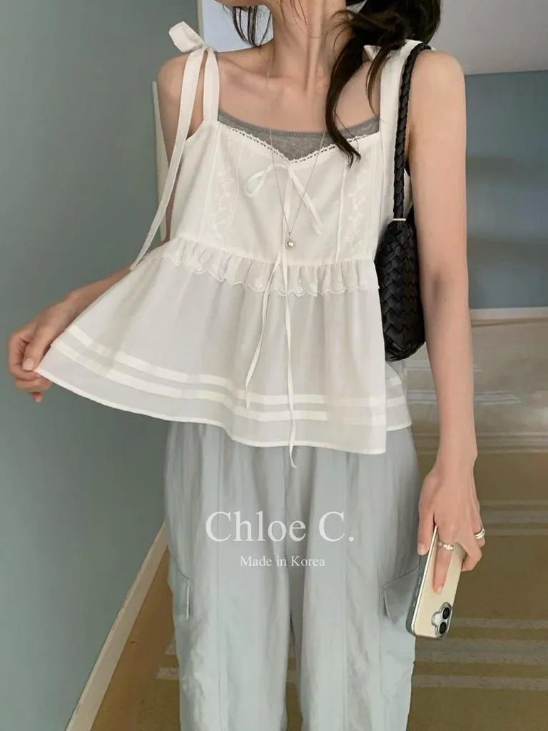 🇰🇷Chloe C. 韓國東大門服飾🇰🇷 正韓綁帶肩花邊內搭無袖裙擺上衣