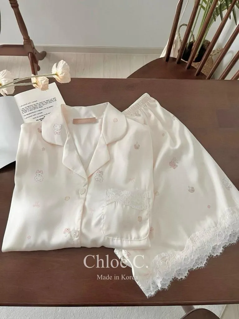 🇰🇷Chloe C. 韓國東大門服飾🇰🇷 正韓冰絲可愛小熊蕾絲邊睡衣套裝