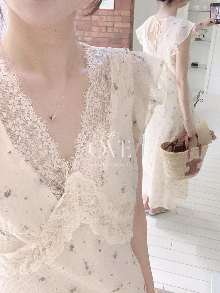 🇰🇷Chloe C. 韓國東大門服飾🇰🇷 正韓蕾絲格狀領小碎花無袖長洋裝