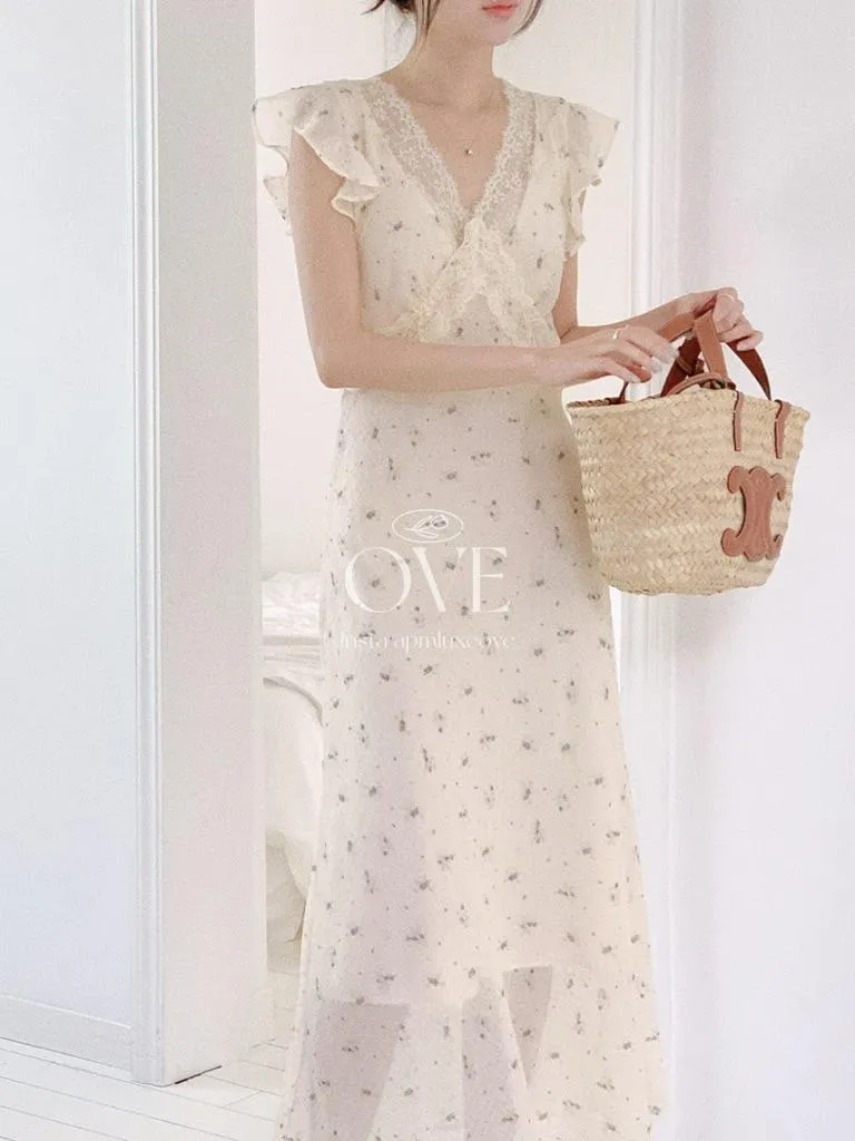 🇰🇷Chloe C. 韓國東大門服飾🇰🇷 正韓蕾絲格狀領小碎花無袖長洋裝