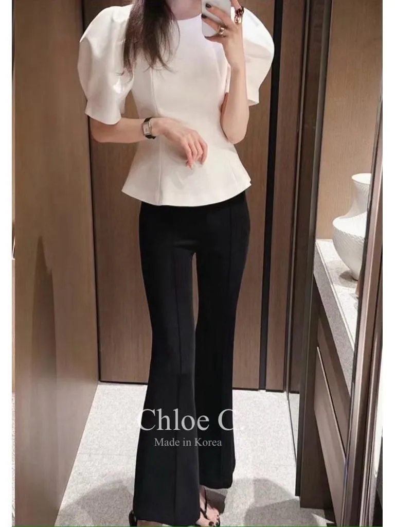 🇰🇷Chloe C. 韓國東大門服飾🇰🇷 正韓設計師款公主袖後深V美背上衣彈性柔美喇叭褲套裝