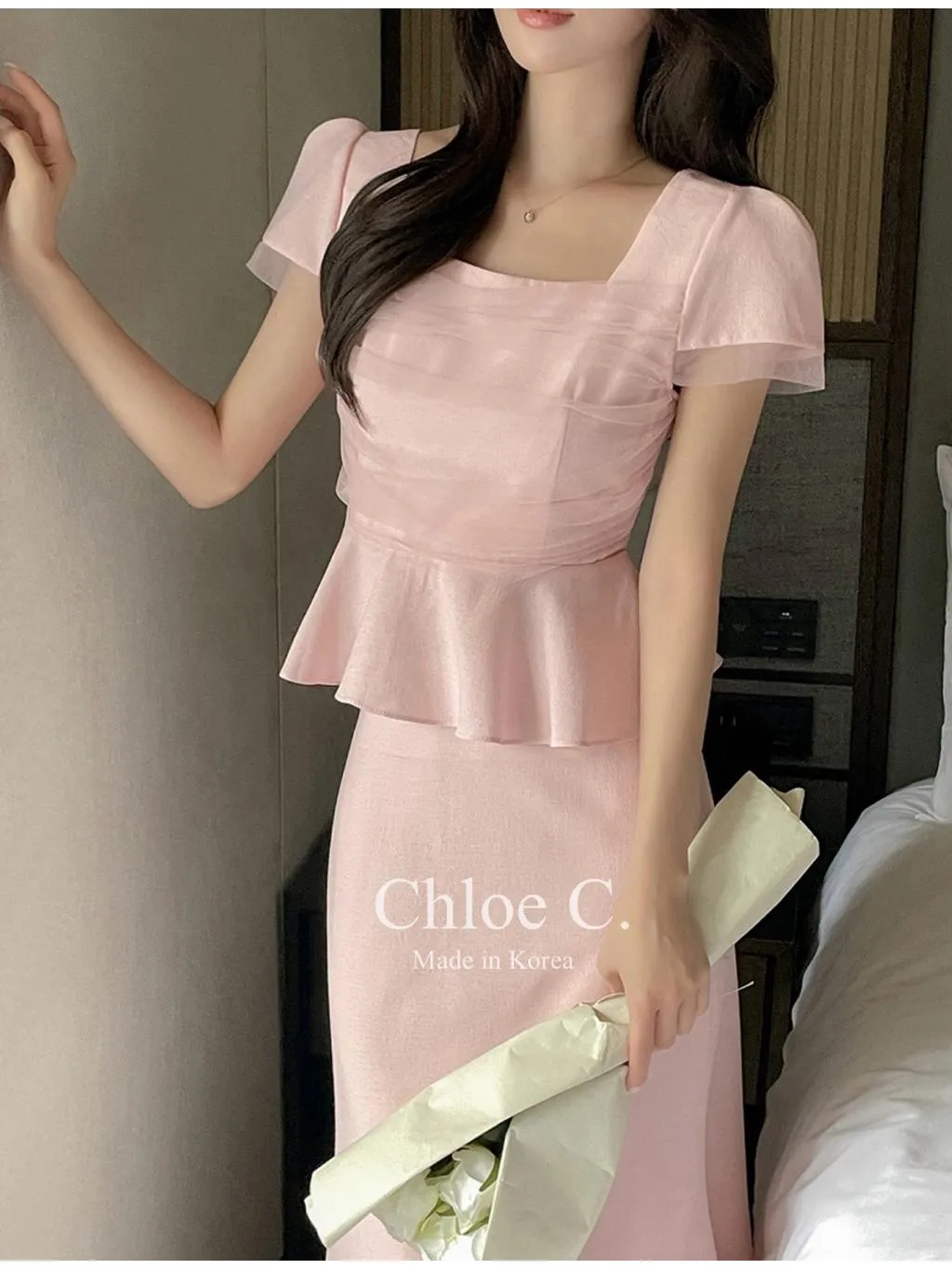 🇰🇷Chloe C. 韓國東大門服飾🇰🇷 正韓柔霧感拼接薄紗魚尾上衣長裙套裝