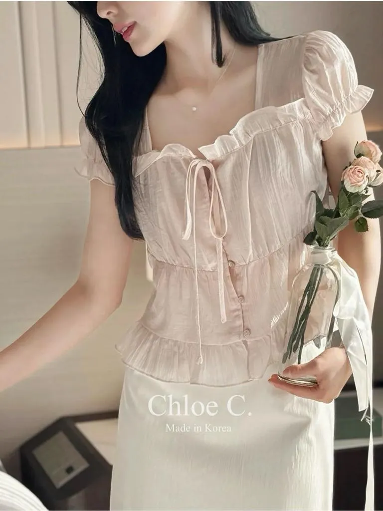 🇰🇷Chloe C. 韓國東大門服飾🇰🇷 正韓天絲方領木耳邊前綁帶公主袖上衣