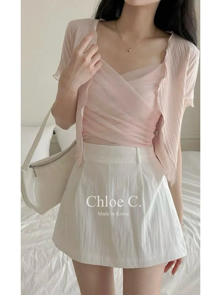 🇰🇷Chloe C. 韓國東大門服飾🇰🇷 正韓拼接薄紗背心木耳邊短袖外套套裝