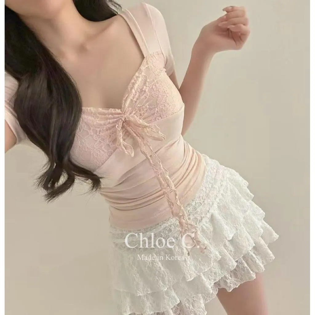 🇰🇷Chloe C. 韓國東大門服飾🇰🇷 正韓法式蕾絲拼接抓皺綁帶上衣